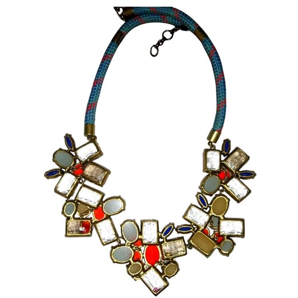 J. CREW Signed Vintage Chunky Blue Orange Rhinestone Floral Necklace Gold Tone - Picture 13 of 16